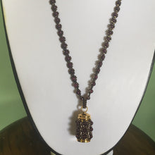 Load image into Gallery viewer, Cremation jewellery. Garnet encrusted fine beaded urn pendant on garnet and metallic bronze beaded chain