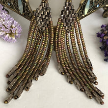 Load image into Gallery viewer, Beaded tassel earrings: golden sand &amp; silver