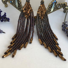 Load image into Gallery viewer, Beaded tassel earrings: mat plumb purple &amp; bronze