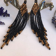 Load image into Gallery viewer, Beaded tassel earrings: mat black &amp; bronze
