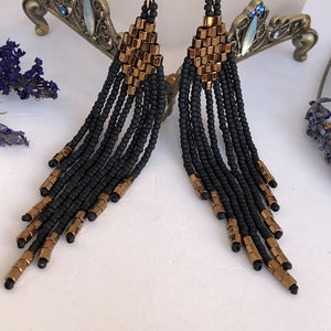 Beaded tassel earrings: mat black & bronze