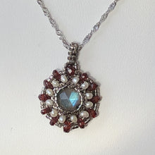Load image into Gallery viewer, Fine beaded mandala style charm pendant with labradorite centerpiece surrounded by freshwater pearl and garnet gemstone
