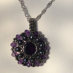 Amethyst and blue pearl fine beaded mandala pendant with metallic silver micro beads