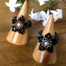 Load image into Gallery viewer, Beaded ring in the shape of a star with freshwater pearl centerpiece and mat metallic beaded band. Stunning!