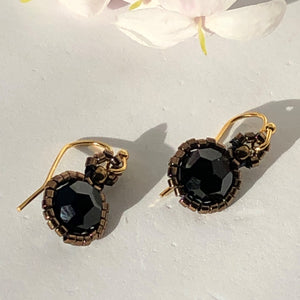 Beaded Victorian style earrings with jet black Swarovski crystal and bronze tone glass micro beads