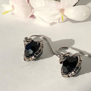 Beaded Victorian style earrings with jet black Swarovski crystal and silver tone glass micro beads