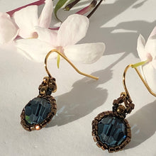Load image into Gallery viewer, Beaded Victorian style earrings with sapphire blue Swarovski crystal and bronze tone glass micro beads