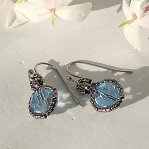 Beaded Victorian style earrings with ice blue Swarovski crystal and silver tone glass micro beads
