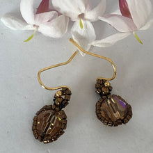 Load image into Gallery viewer, Beaded Victorian style earrings with light amber colour Swarovski crystal and bronze tone glass micro beads