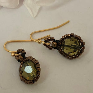 Beaded Victorian style earrings with olive green Swarovski crystal and bronze tone glass micro beads