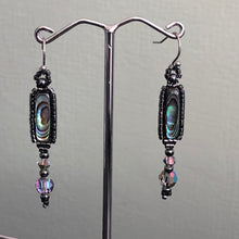Load image into Gallery viewer, Paua earrings: Paua/Abalone shell flute surrounded by metallic glass micro-beads with a Swarovski crystal drop