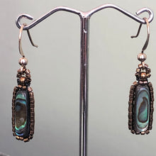 Load image into Gallery viewer, Paua earrings: Paua/Abalone shell flute surrounded by metallic glass micro-beads