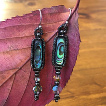Load image into Gallery viewer, Paua earrings: Paua/Abalone shell flute surrounded by metallic glass micro-beads with a Swarovski crystal drop