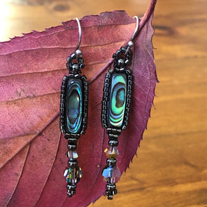 Paua earrings: Paua/Abalone shell flute surrounded by metallic glass micro-beads with a Swarovski crystal drop