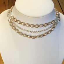 Load image into Gallery viewer, Three tier pearl choker fine beaded with champagne coloured glass micro-beading and Swarovski crystal
