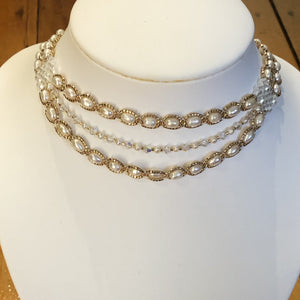 Three tier pearl choker fine beaded with champagne coloured glass micro-beading and Swarovski crystal