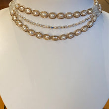 Load image into Gallery viewer, Three tier pearl choker fine beaded with champagne coloured glass micro-beading and Swarovski crystal