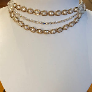 Three tier pearl choker fine beaded with champagne coloured glass micro-beading and Swarovski crystal