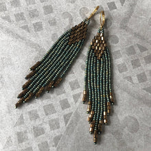 Load image into Gallery viewer, Beaded tassel earrings: mat teal &amp; bronze