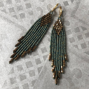 Beaded tassel earrings: mat teal & bronze