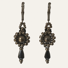 Load image into Gallery viewer, Victorian style beaded blue pearl earrings with metallic silver-tone glass beads
