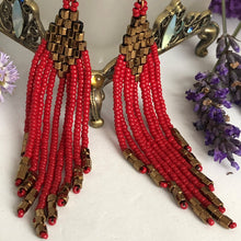 Load image into Gallery viewer, Beaded tassel earrings: red &amp; bronze