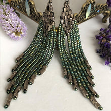 Load image into Gallery viewer, Beaded tassel earrings: mat teal &amp; silver