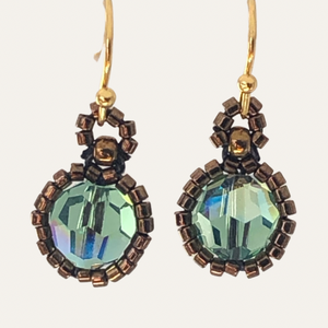 Beaded Victorian style earrings with aqua blue Swarovski erinite crystal and bronze tone glass micro beads