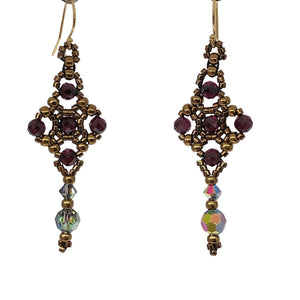 Celtic cross shape beaded earrings with facetted garnet and Swarovski crystal in metallic bronze theme micro-beading
