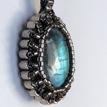 Load image into Gallery viewer, Labradorite cabochon pendant framed by fine metallic steel micro-beading